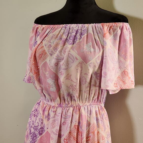 EMILY WONDER NWT Off-Shoulder Pink Patchwork Midi Dress, Women's Size Large - Picture 7 of 13